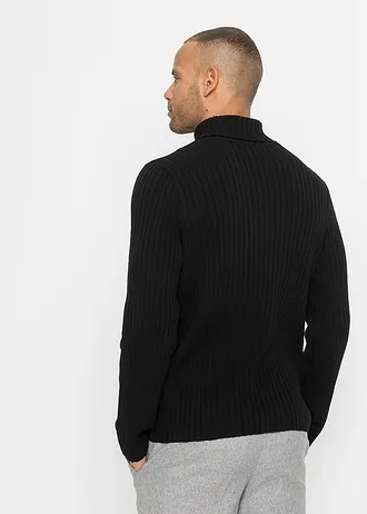 Geribde coltrui met gerecycled katoen, Kleur: zwart