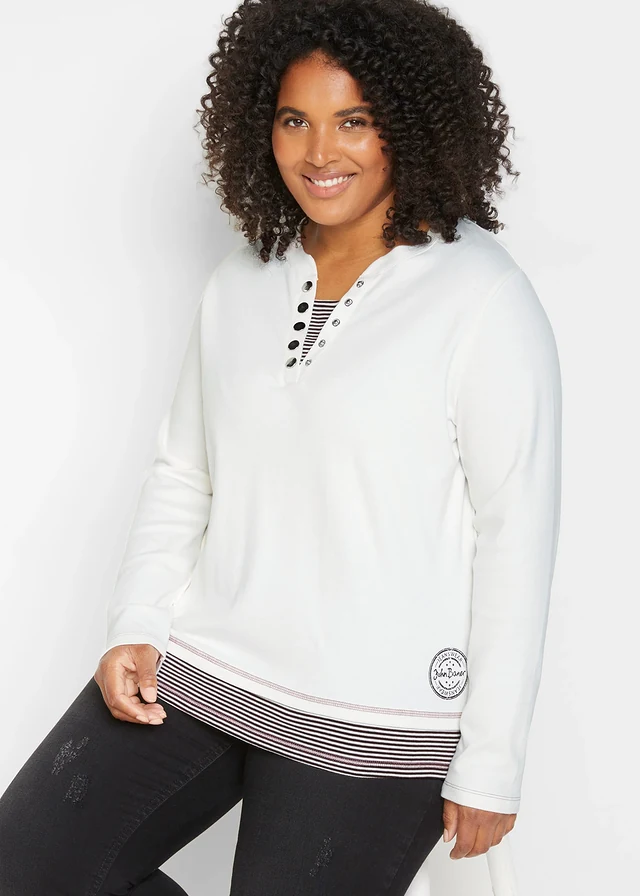 T-shirt coton manches longues style 2en1, Couleur: écru/marron foncé rayé