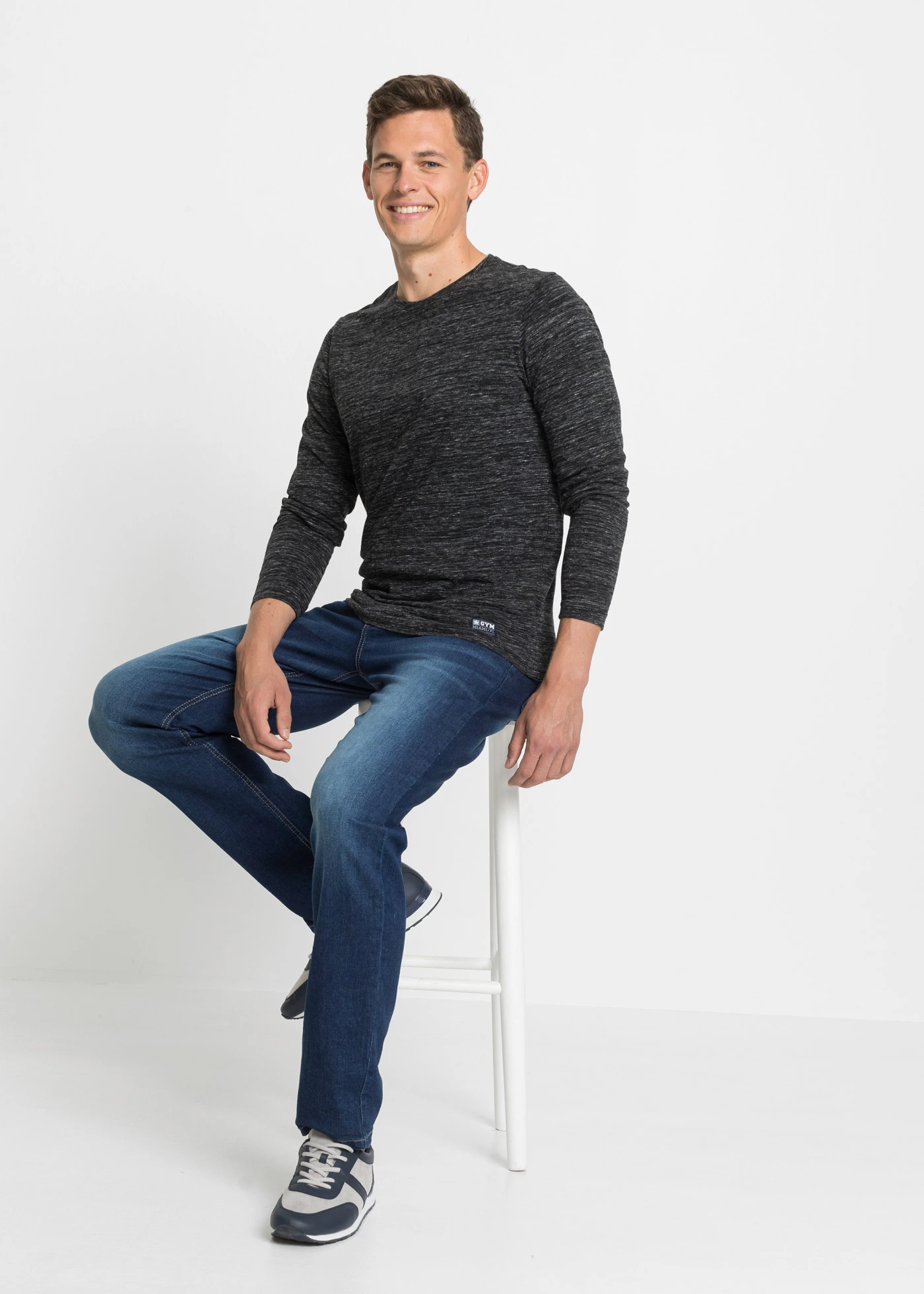 Lot de 3 T-shirts manches longues chinés en coton mélangé • bleu foncé chiné+noir chiné+gris chiné • Boutique bonprix