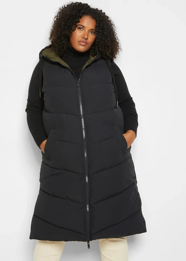 Gilet sans manches matelassé réversible en polyester recyclé avec capuche, Couleur: noir/olive foncé