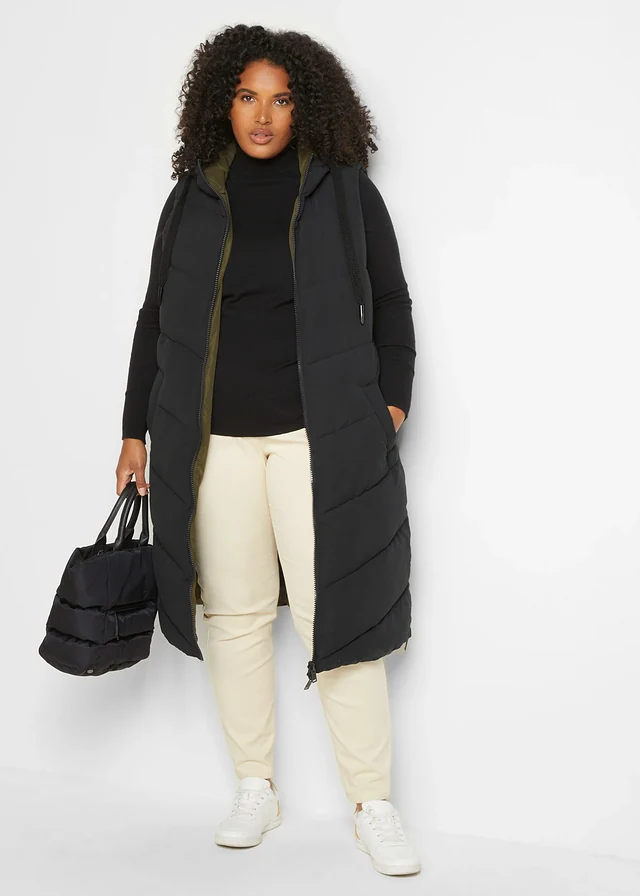 Gilet sans manches matelassé réversible en polyester recyclé avec capuche, Couleur: noir/olive foncé