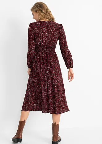 Robe midi à imprimé floral, Couleur: rouge châtaigne/noir floral