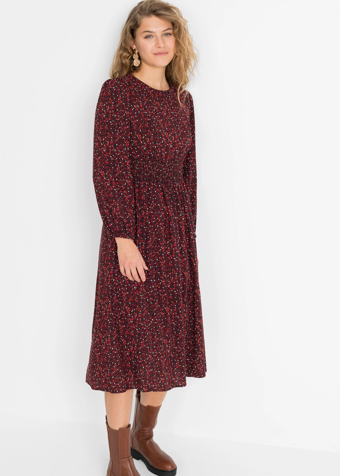 Rochie midi cu imprimeu floral • roșu-castaniu/negru floral • magazin bonprix