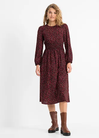 Robe midi à imprimé floral, Couleur: rouge châtaigne/noir floral