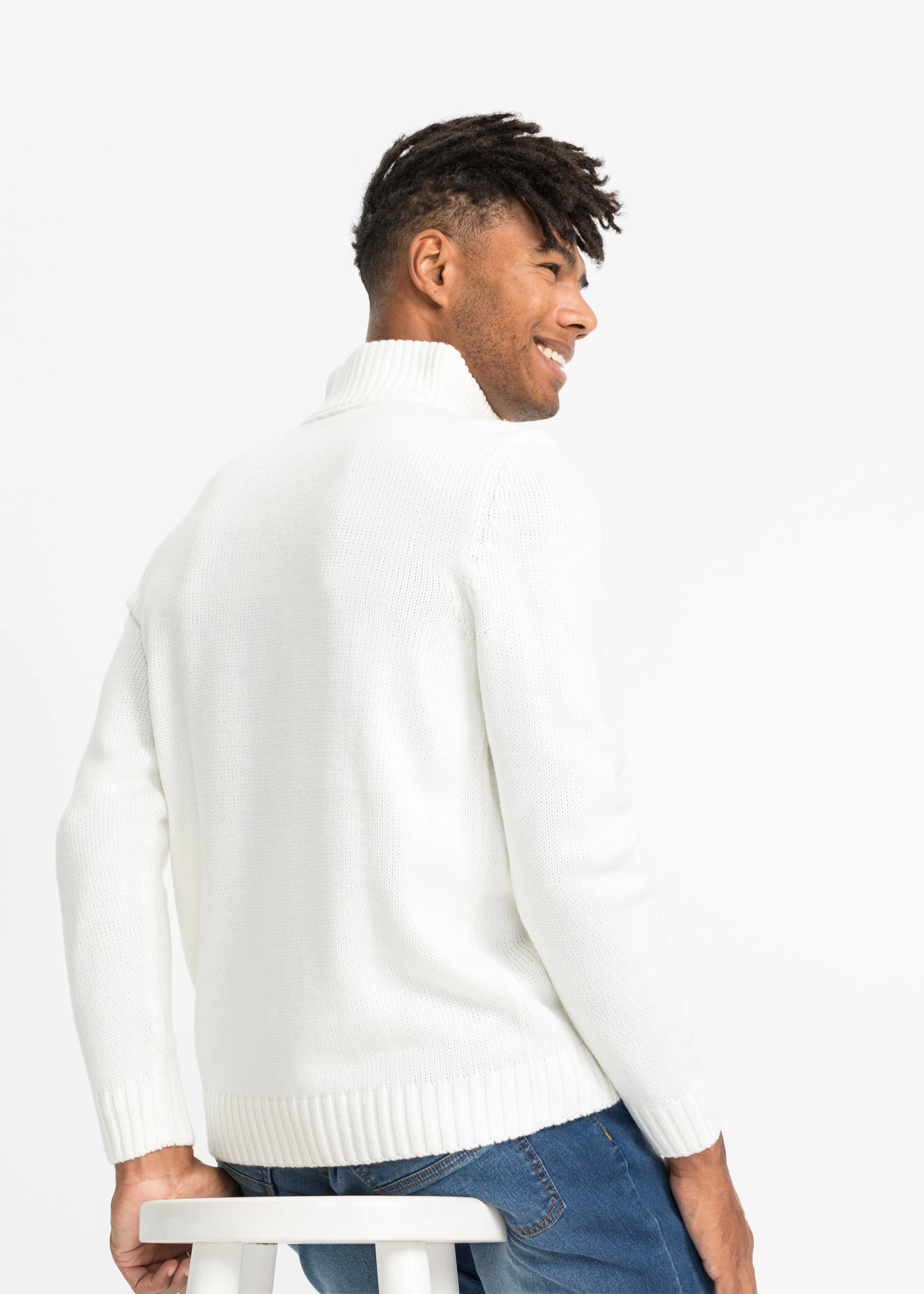 Svetr s límcem na zip a copánkovým vzorem, ze silnější pleteniny • světle krémová • bonprix obchod