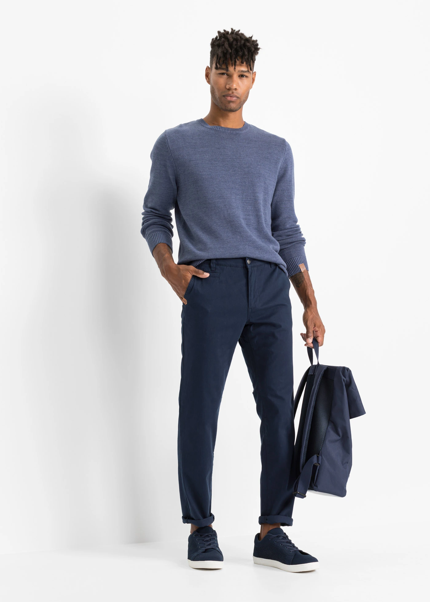 Fijn gebreide trui met katoen • indigo-wit... mêlee • bonprix online shop