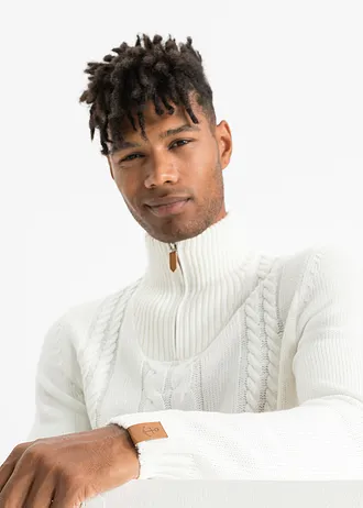 Svetr s límcem na zip a copánkovým vzorem, ze silnější pleteniny • světle krémová • bonprix obchod