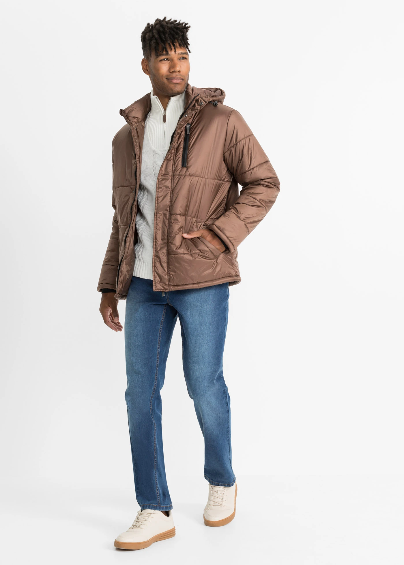 Svetr s límcem na zip a copánkovým vzorem, ze silnější pleteniny • světle krémová • bonprix obchod