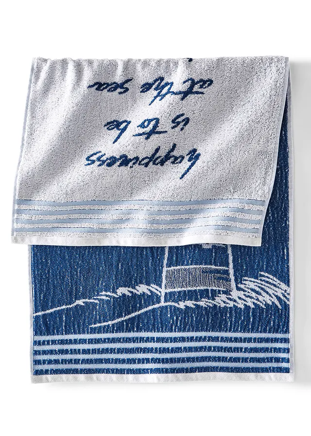 Serviette de toilette pur coton motif phare, Couleur: blanc