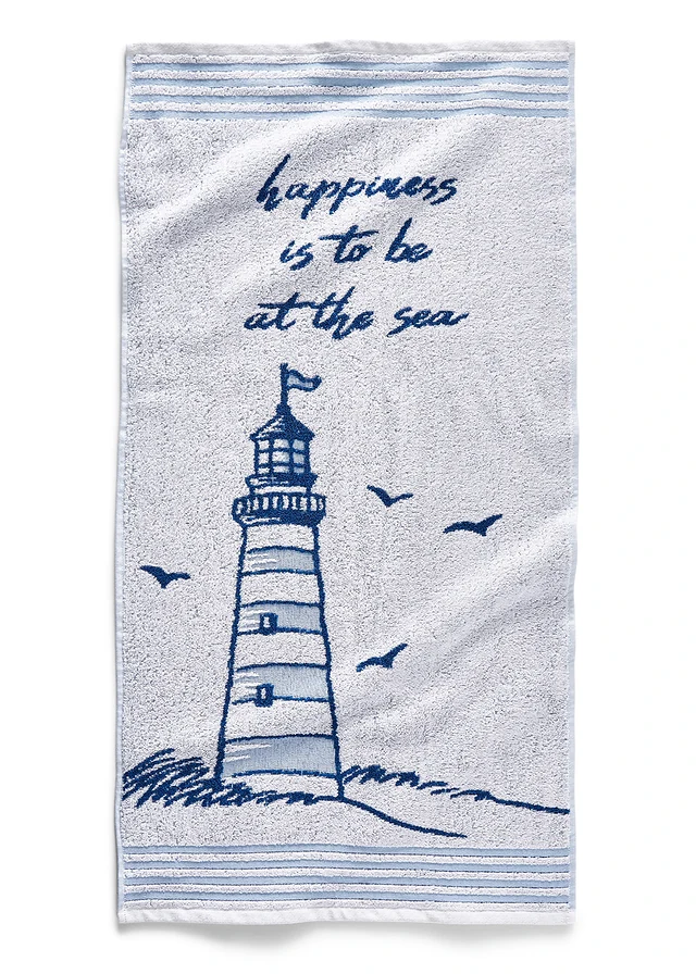 Serviette de toilette pur coton motif phare, Couleur: blanc