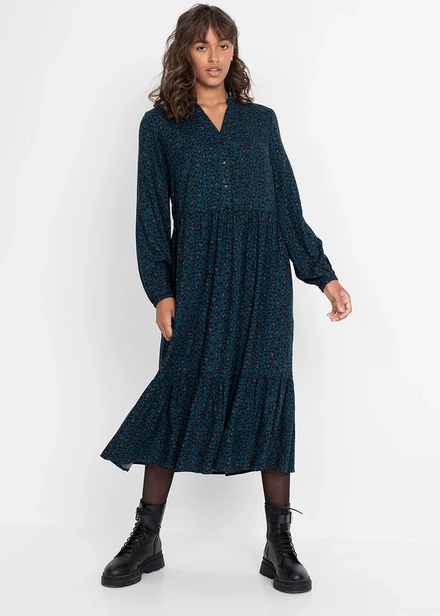 Midi jurk van viscose, Kleur: blauwpetrol luipaardprint