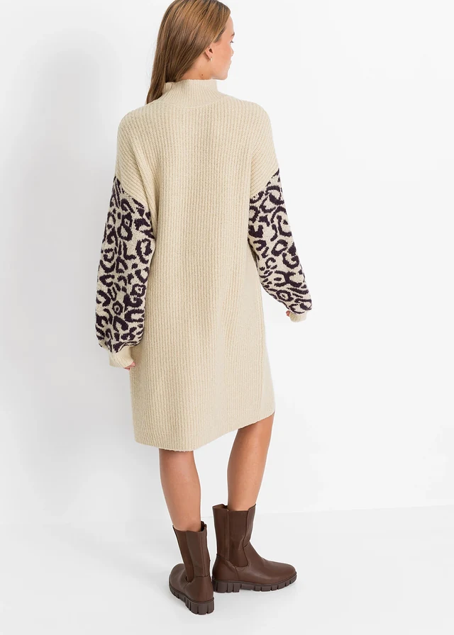 Gebreide oversized jurk met luipaardpatroon, Kleur: lichtsand gemêleerd-zwart luipaardprint