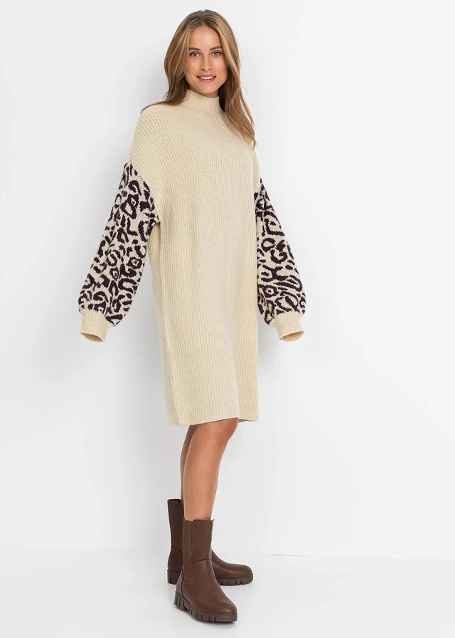 Gebreide oversized jurk met luipaardpatroon, Kleur: lichtsand gemêleerd-zwart luipaardprint