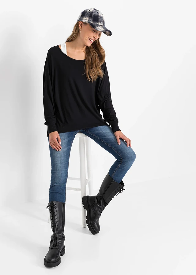 T-shirt long et top en viscose extensible • noir-écru • product-page.page-title-suffix