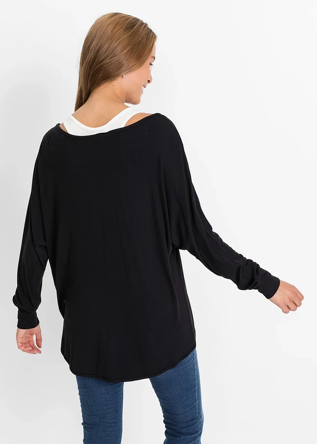 T-shirt long et top en viscose extensible • noir-écru • product-page.page-title-suffix