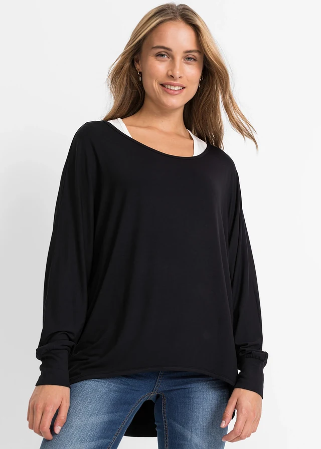 T-shirt long et top en viscose extensible • noir-écru • product-page.page-title-suffix