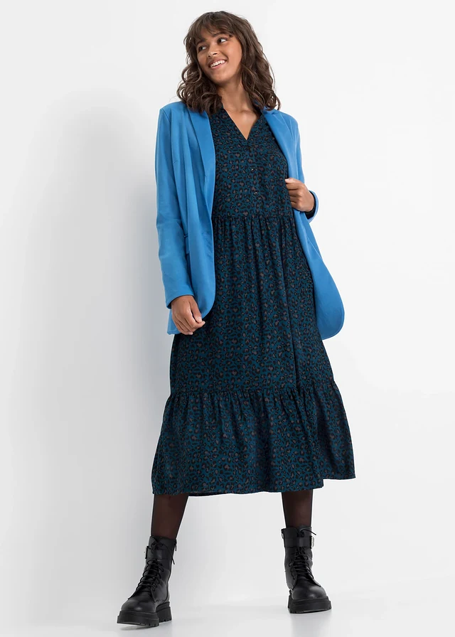 Midi jurk van viscose, Kleur: blauwpetrol luipaardprint