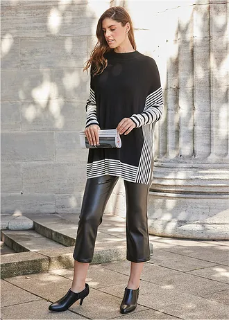 Pulover lung • negru/ecru dungat • magazin bonprix