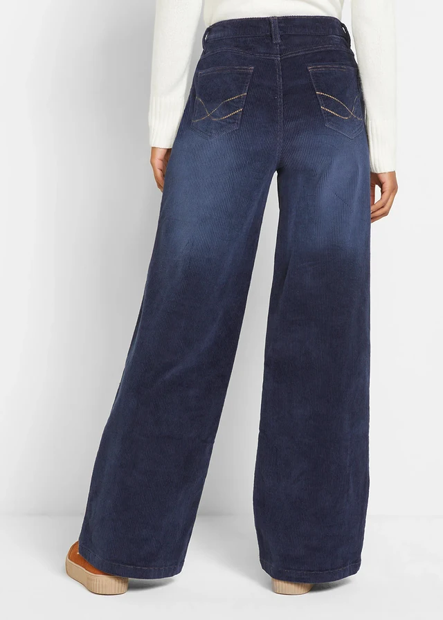 Pantalon large en velours côtelé extensible, Couleur: bleu foncé