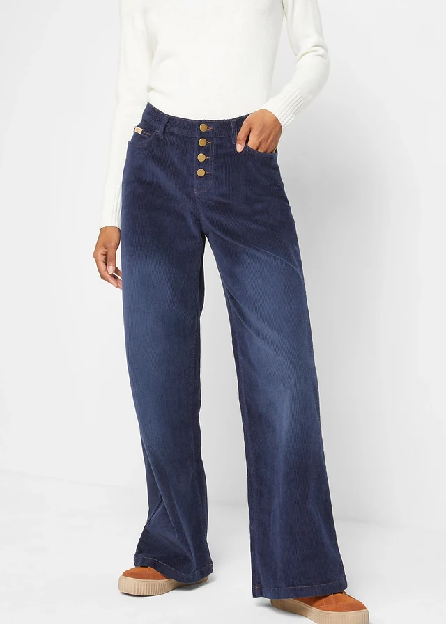 Pantalon large en velours côtelé extensible, Couleur: bleu foncé