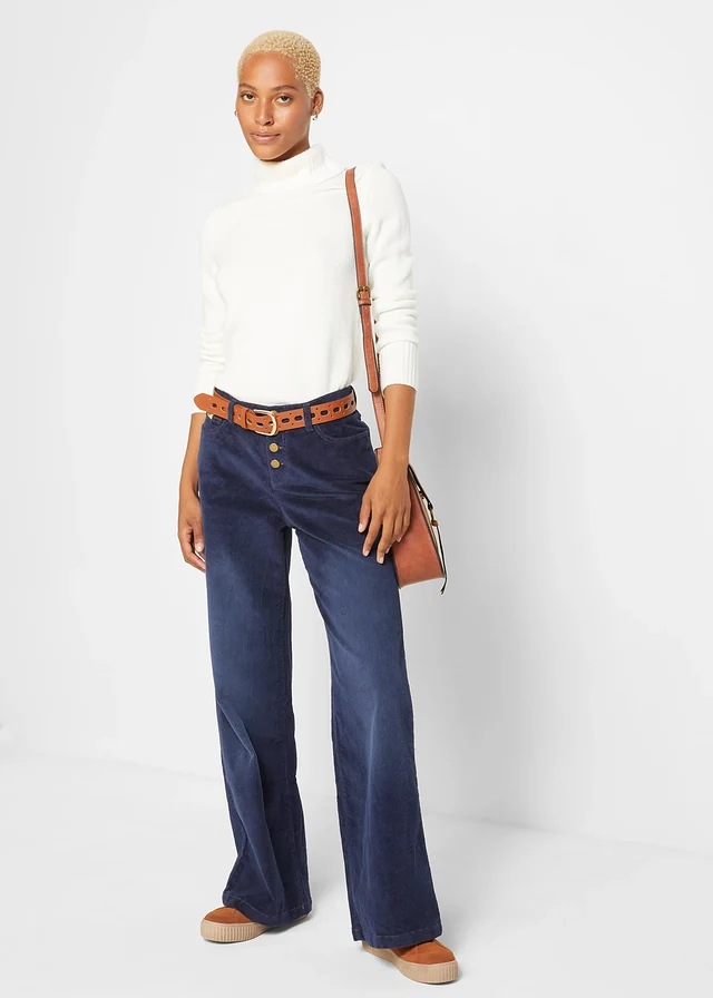 Pantalon large en velours côtelé extensible, Couleur: bleu foncé