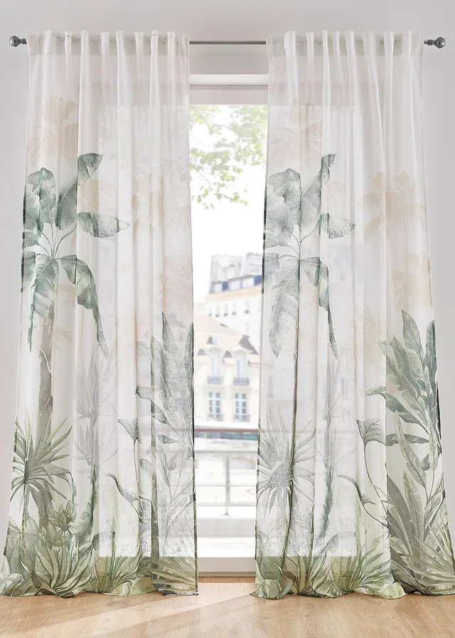 Gordijn met bladerprint (1 stuk), Kleur: groen-wit