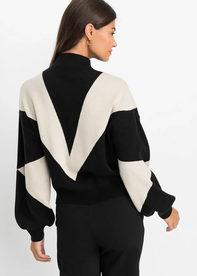Pull oversize, Couleur: noir/beige galet graphique