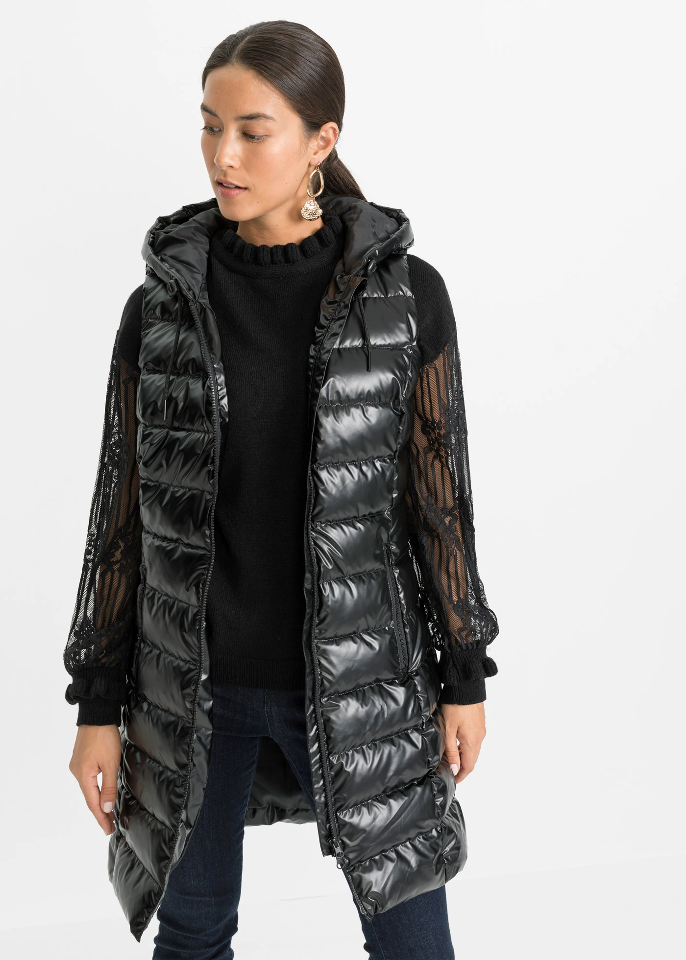 Gilet matelassé sans manches, effet brillant • noir • Boutique bonprix