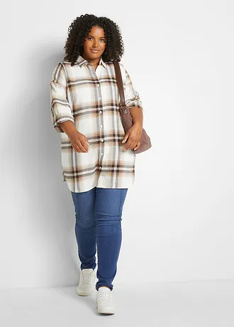 Lange, flanellen overhemdblouse van puur katoen, Kleur: donkerbruin-amandelbeige-wolwit geruit