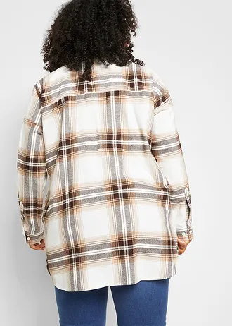 Lange, flanellen overhemdblouse van puur katoen, Kleur: donkerbruin-amandelbeige-wolwit geruit