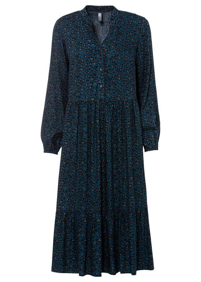 Midi jurk van viscose, Kleur: blauwpetrol luipaardprint