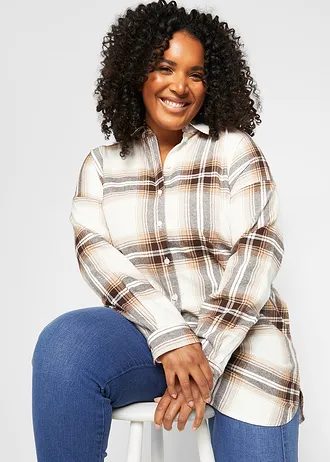 Lange, flanellen overhemdblouse van puur katoen, Kleur: donkerbruin-amandelbeige-wolwit geruit