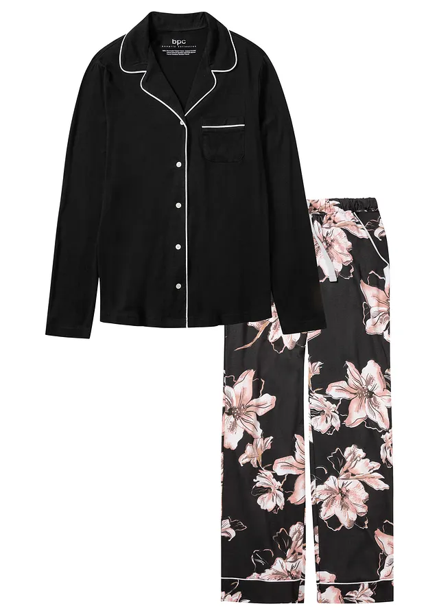 Pyjama met knoopsluiting • zwart gebloemd • bonprix online shop