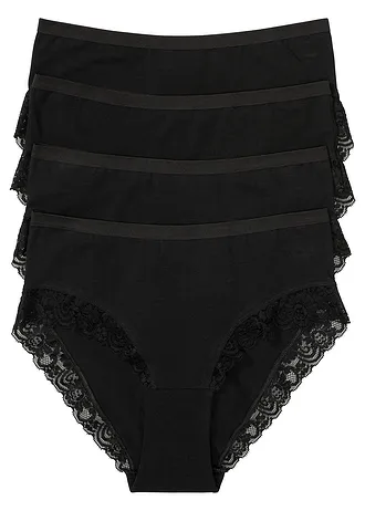 Figi maxi z bawełną organiczną i koronką (4 pary) • czarny • sklep bonprix