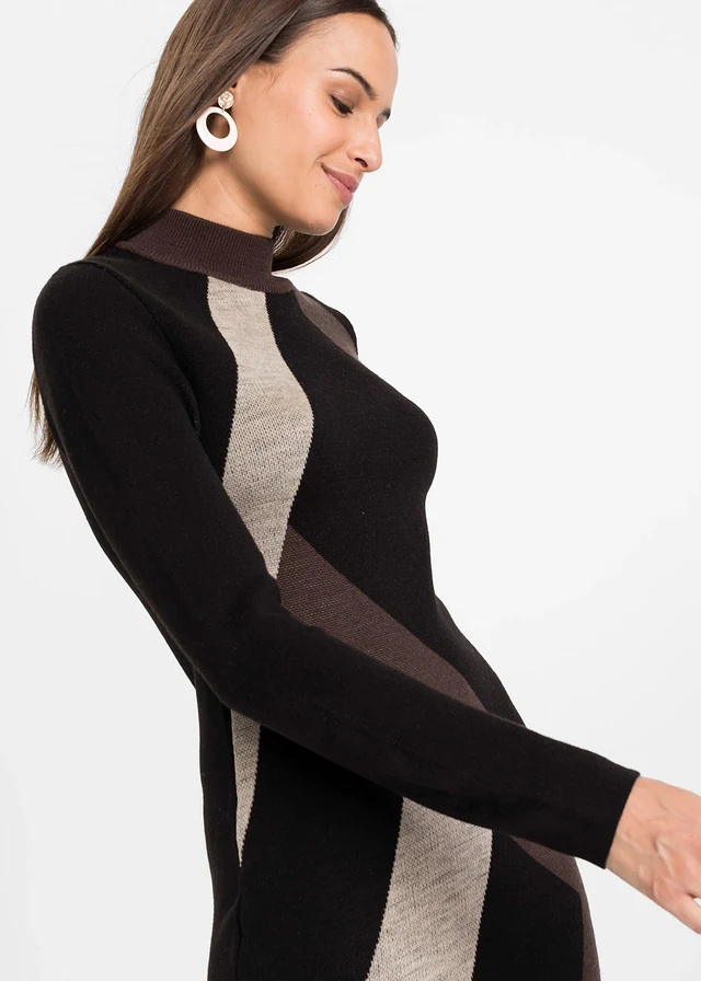 Gebreide jacquard jurk met trendy strepen • zwart-bruin • product-page.page-title-suffix
