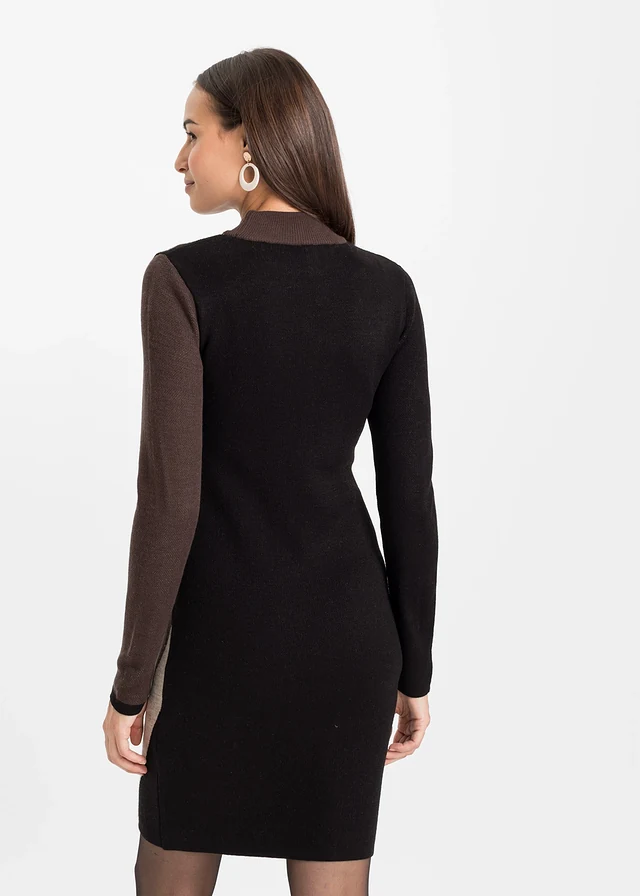 Gebreide jacquard jurk met trendy strepen • zwart-bruin • product-page.page-title-suffix