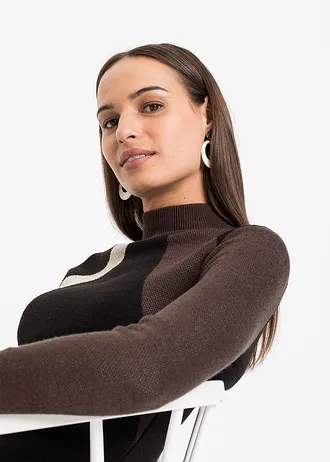 Rochie tricotată din jacquard cu dungi moderne • negru/maro • magazin bonprix