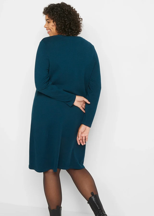 Basic gebreide jurk met gerecycled katoen, Kleur: donkergroen