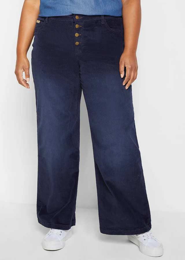 Pantalon large en velours côtelé extensible, Couleur: bleu foncé