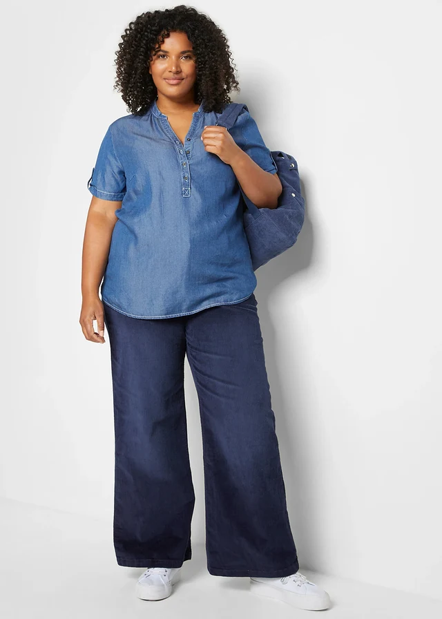 Pantalon large en velours côtelé extensible, Couleur: bleu foncé