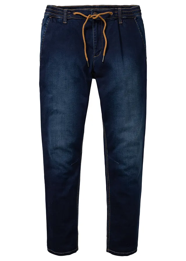 Jean jogger à taille élastiquée regular, fuselé, Couleur: bleu foncé denim