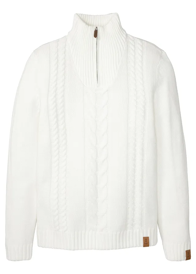 Svetr s límcem na zip a copánkovým vzorem, ze silnější pleteniny • světle krémová • bonprix obchod