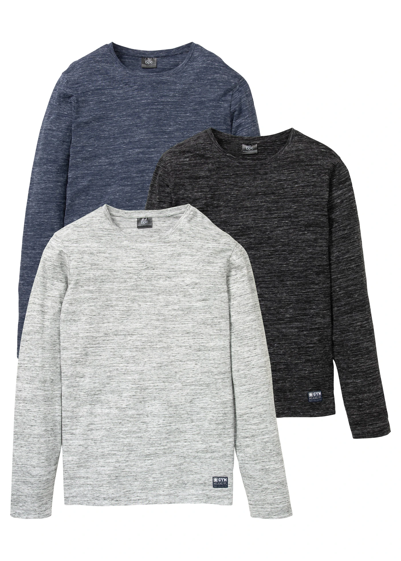 Melírované triko s dlouhým rukávem, z bavlněné směsi (3 ks v balení) • tmavě modrý melír + černý melír + šedý melír • bonprix obchod