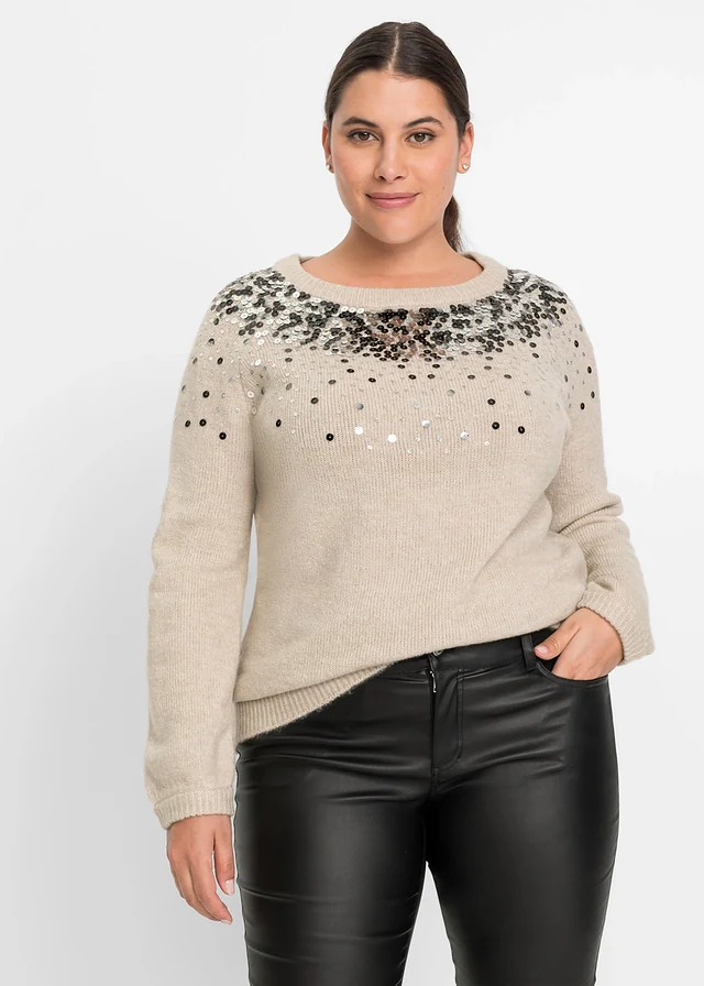 Pull à sequins multicolores, Couleur: beige chiné