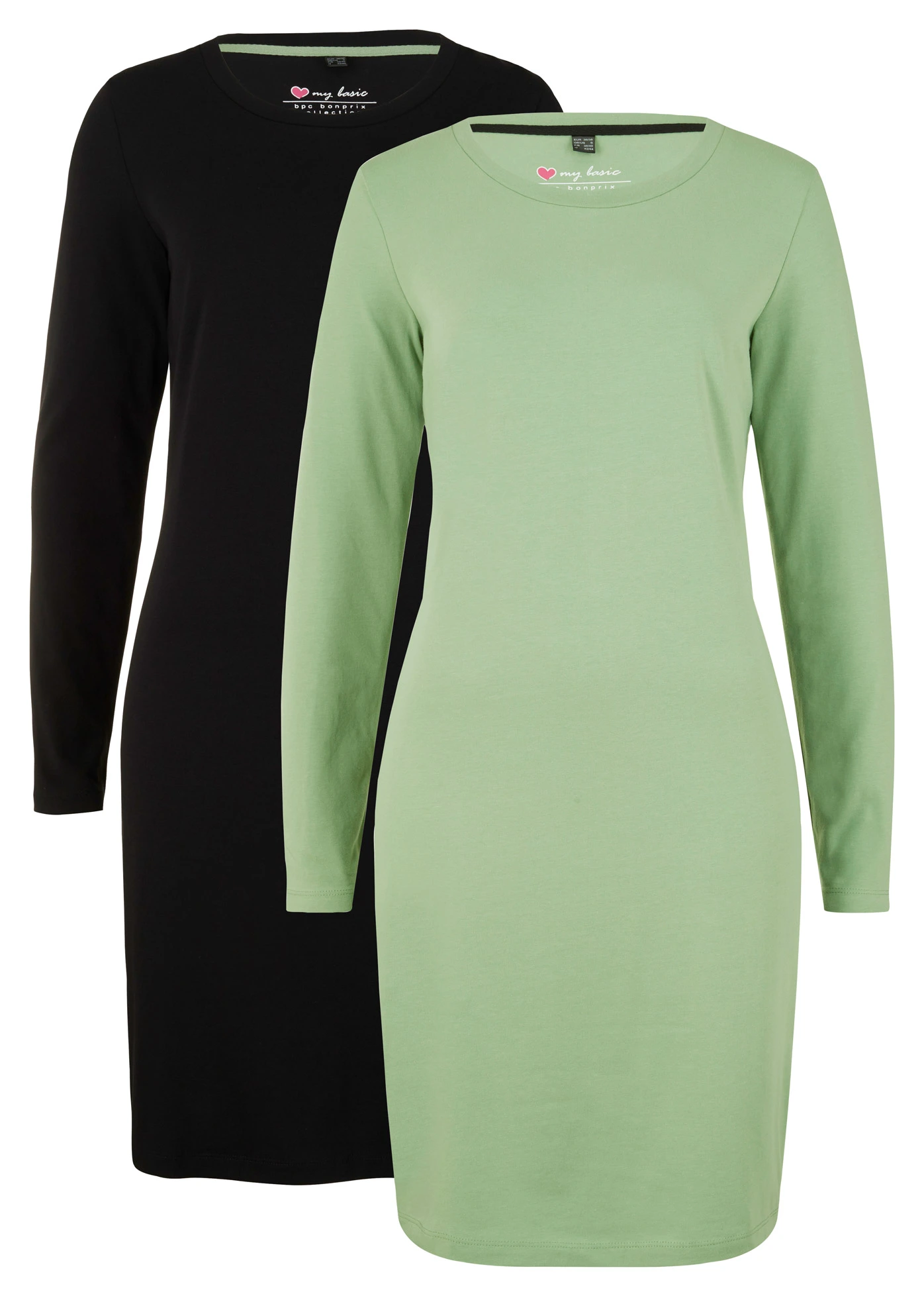 Žerzejové šaty zdůrazňující postavu (2 ks v balení) • borovicově zelená- + černá • bonprix obchod