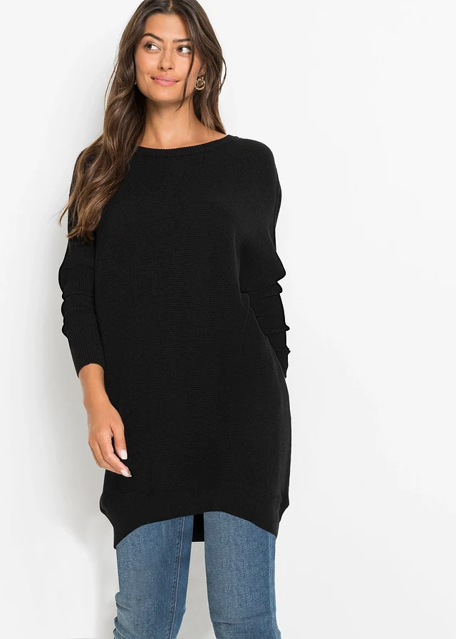 Pulover lung din mix cu viscoză • negru • magazin bonprix
