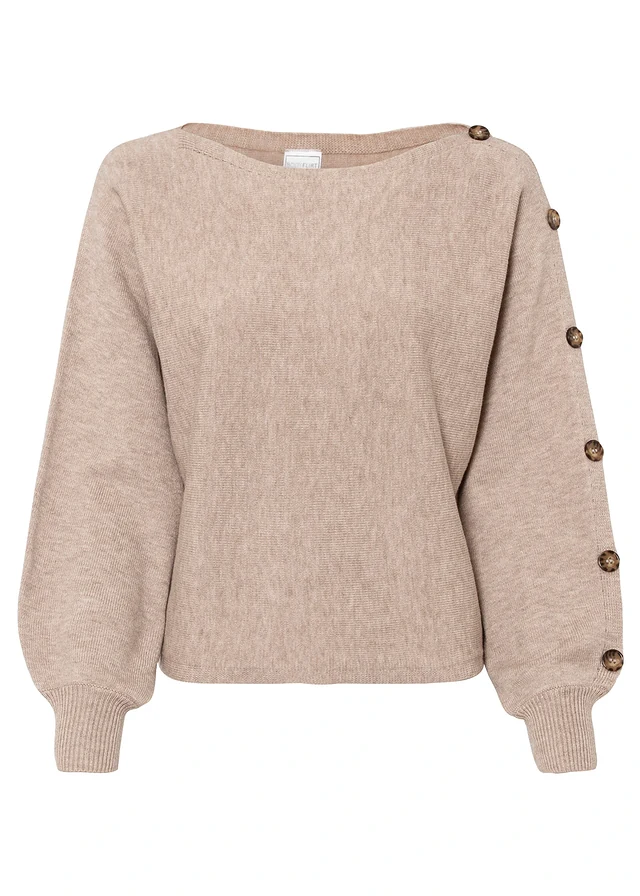 Pull avec détails boutons, Couleur: beige amande chiné