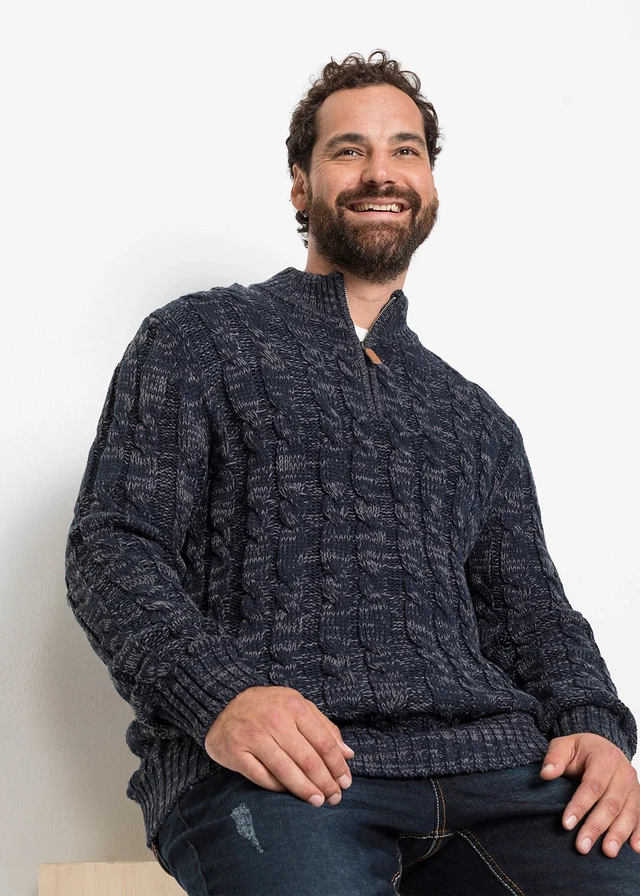 Pull camionneur chiné à torsades, Couleur: bleu foncé chiné