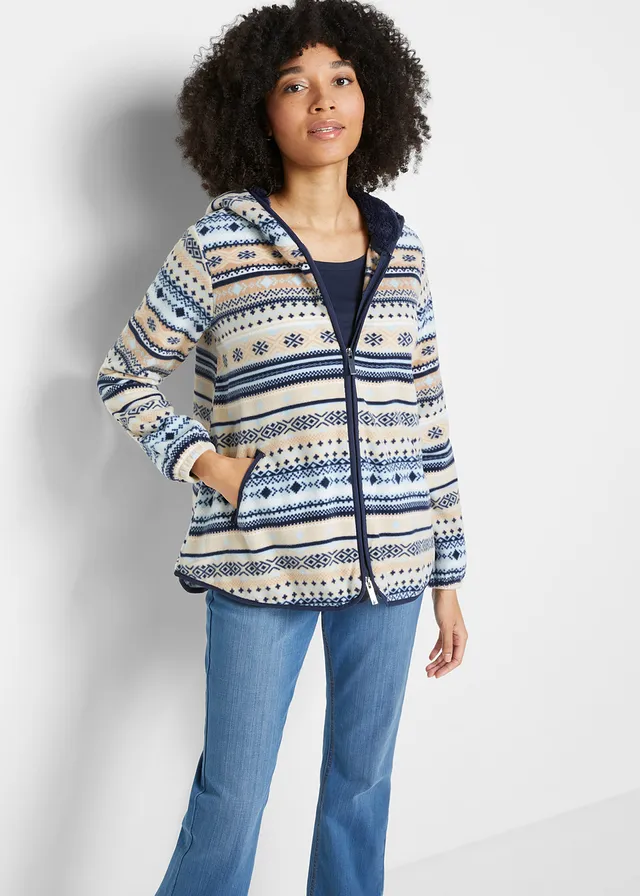 Fleece vest met capuchon en Noors patroon, Kleur: kiezelgrijs-wit