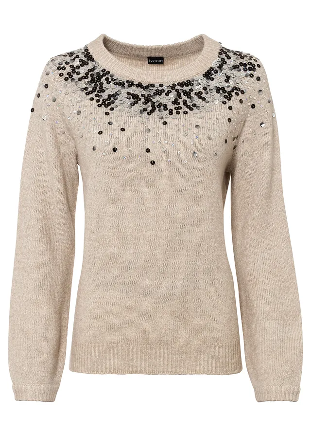 Pull à sequins multicolores, Couleur: beige chiné